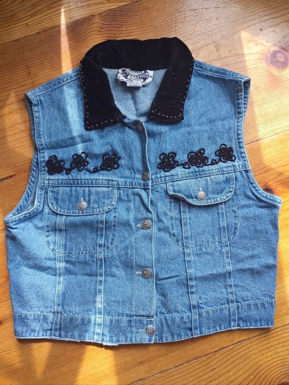Vintage otton Express Blue Denim Jacket with Black Velvet Collar Beaded Details